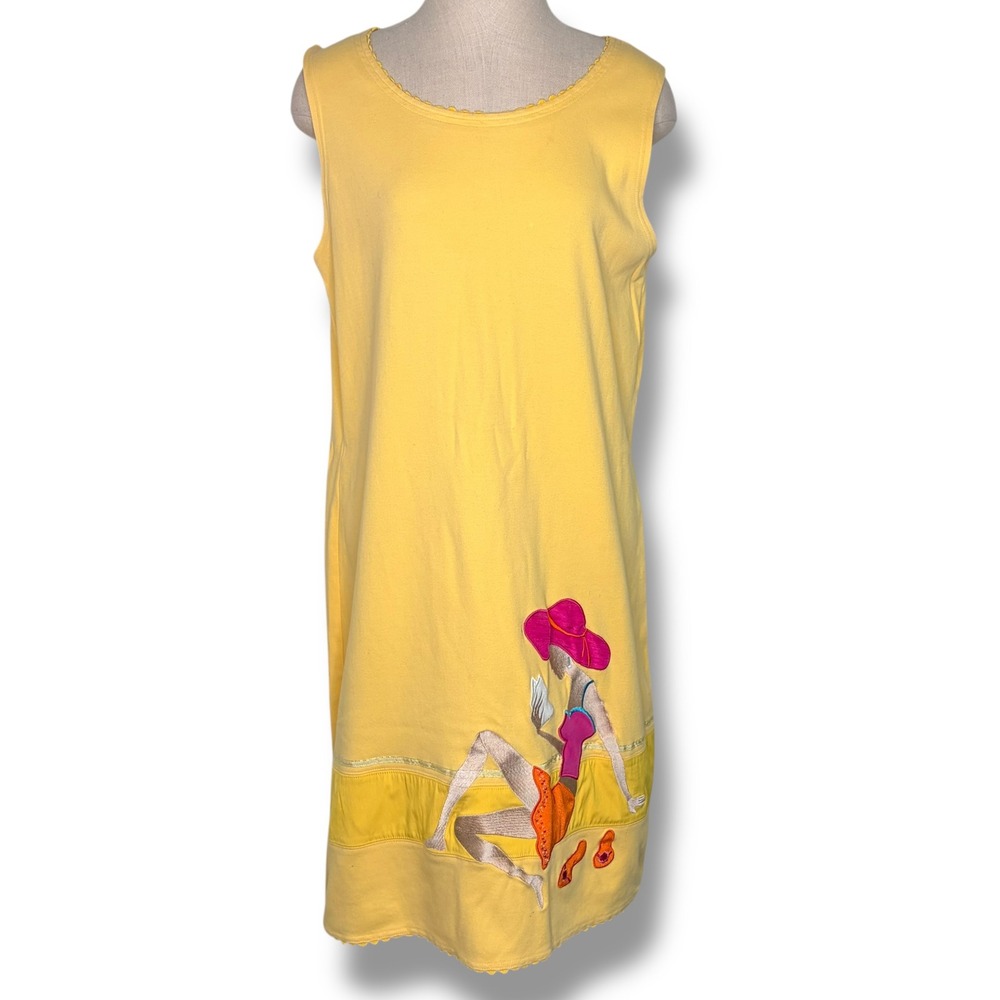 Richard Shift Dress XL Yellow Cotton Sleeveless Embroidered Beach Scene Vintage